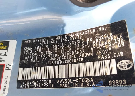 2012 Toyota Camry Hybrid Xle from USA, damaged, VIN 4T1BD1FK7CU048776